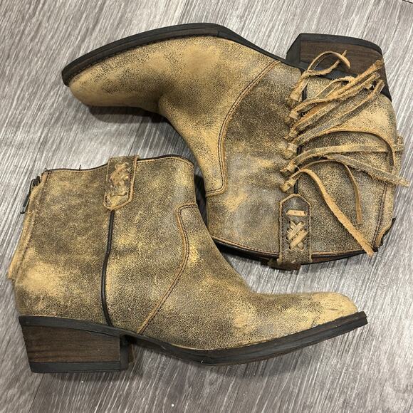Very Volatile Lookout Fringe Bootie Tan Leather Western Ankle Boots Sz 8.5 Boho - Picture 5 of 9